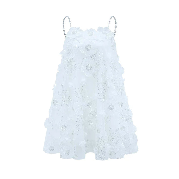 Vestido Bordado Floral, Cristais Manuais e Alças Delicadas
