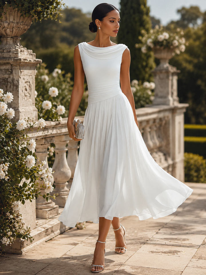 Vestido Midi Plissado com Gola Drapeada e Sem Mangas