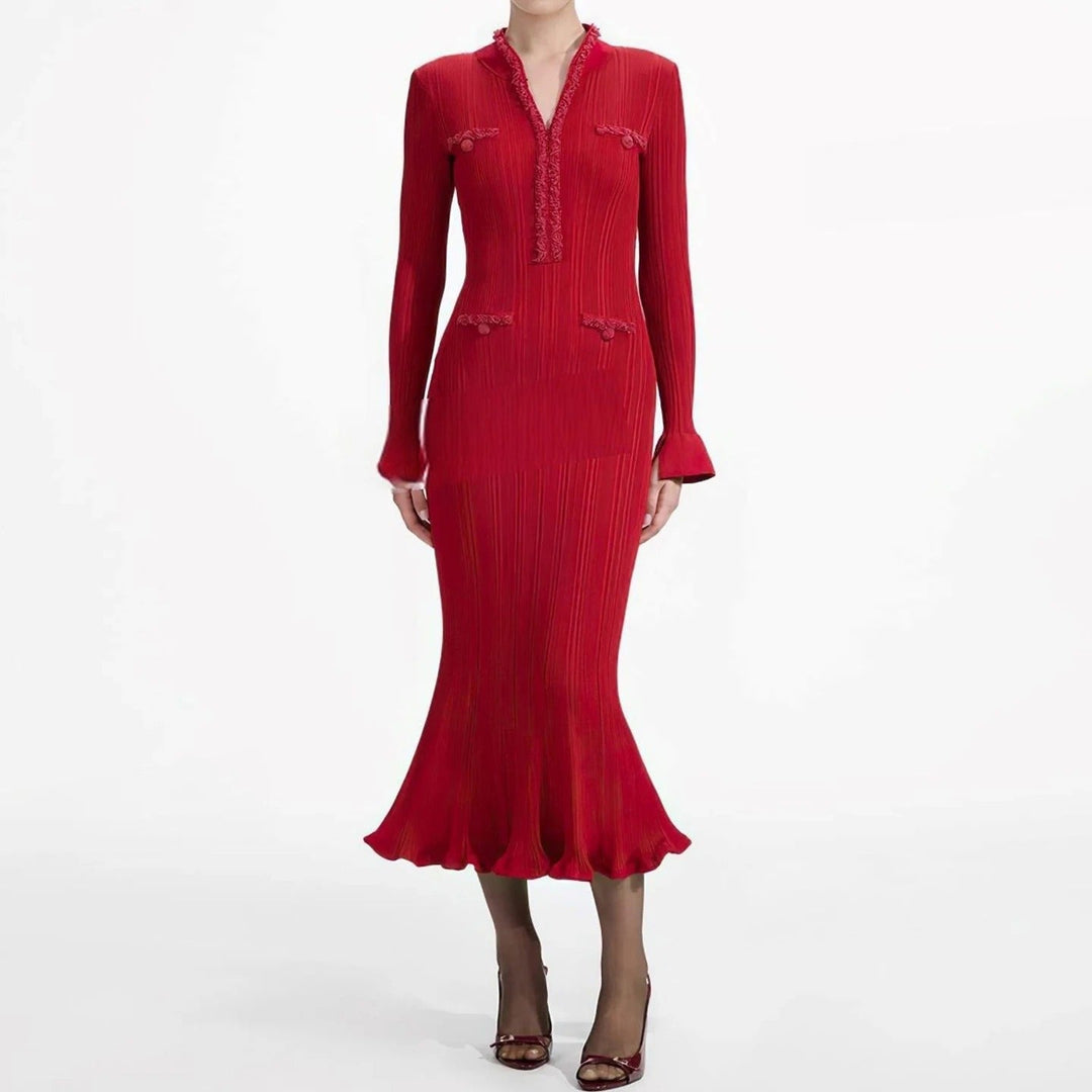 Vestido Longo de Tricô com Decote em V, Manga Comprida e Cintura Alta