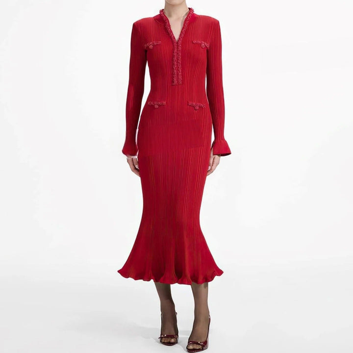 Vestido Longo de Tricô com Decote em V, Manga Comprida e Cintura Alta