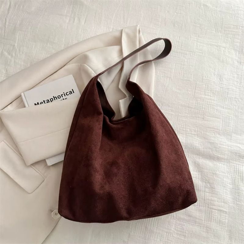 Bolsa Feminina de Ombro Tipo Saco em Suede Sintético Estilo Camurça Ayla