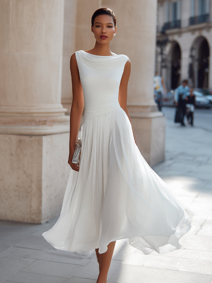 Vestido Midi Plissado com Gola Drapeada e Sem Mangas