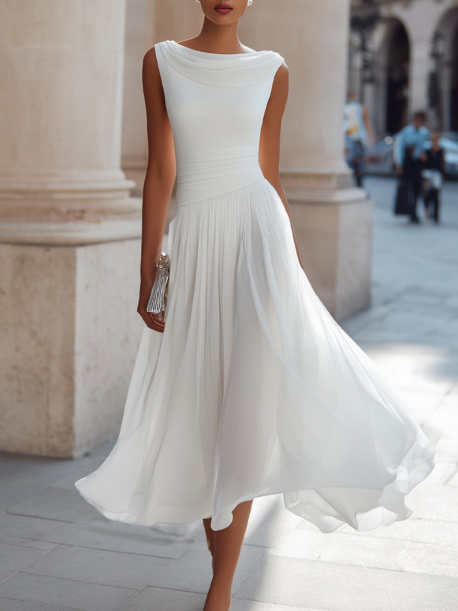 Vestido Midi Plissado com Gola Drapeada e Sem Mangas