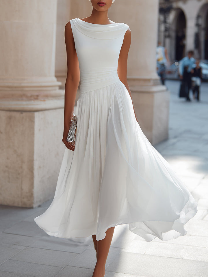 Vestido Midi Plissado com Gola Drapeada e Sem Mangas