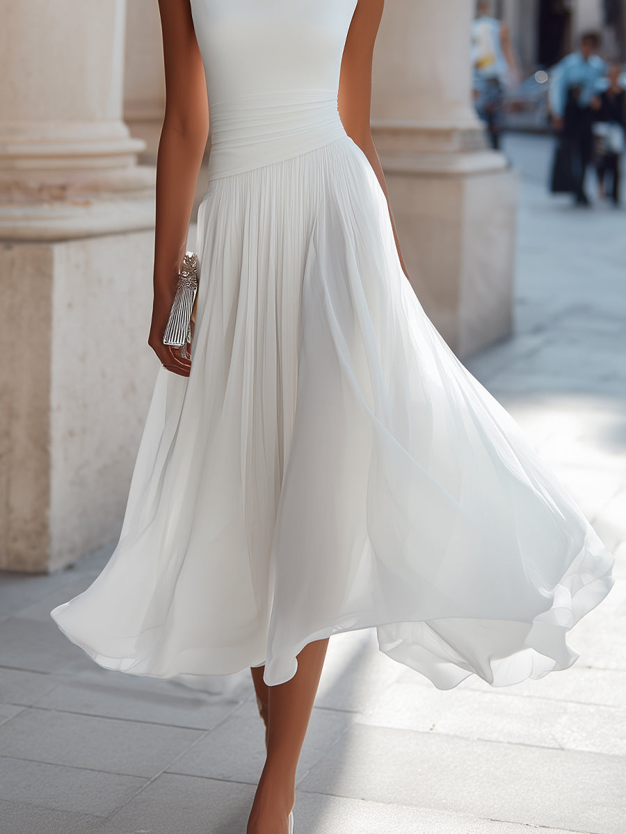 Vestido Midi Plissado com Gola Drapeada e Sem Mangas