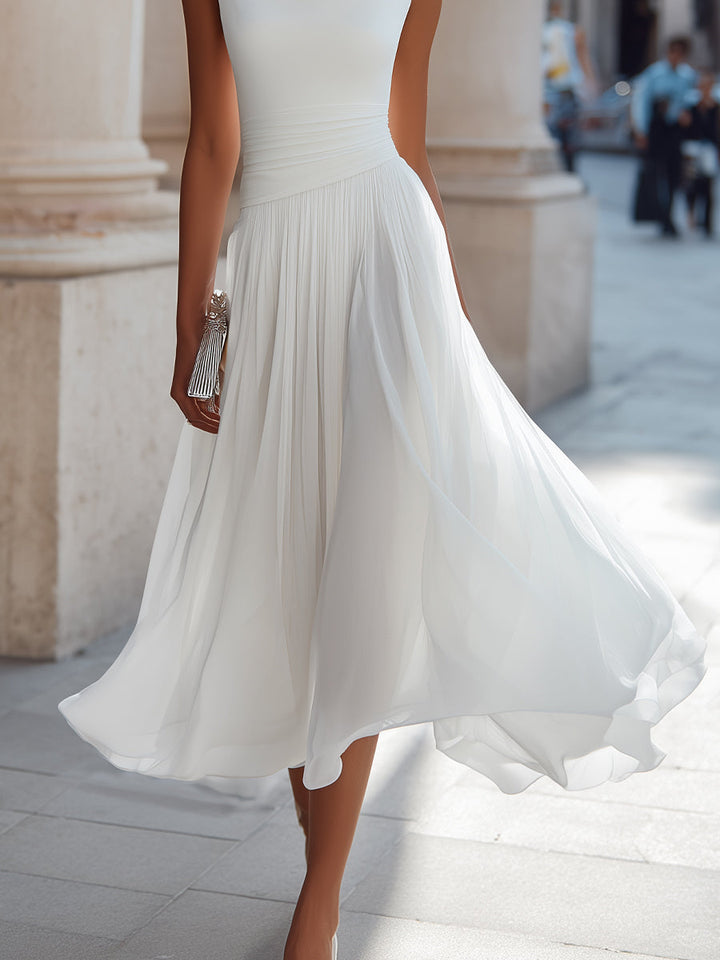 Vestido Midi Plissado com Gola Drapeada e Sem Mangas
