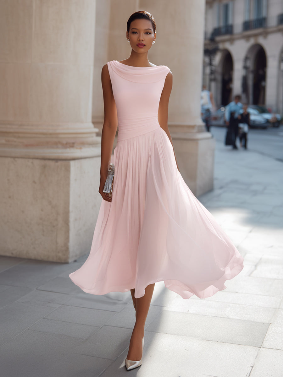 Vestido Midi Plissado com Gola Drapeada e Sem Mangas