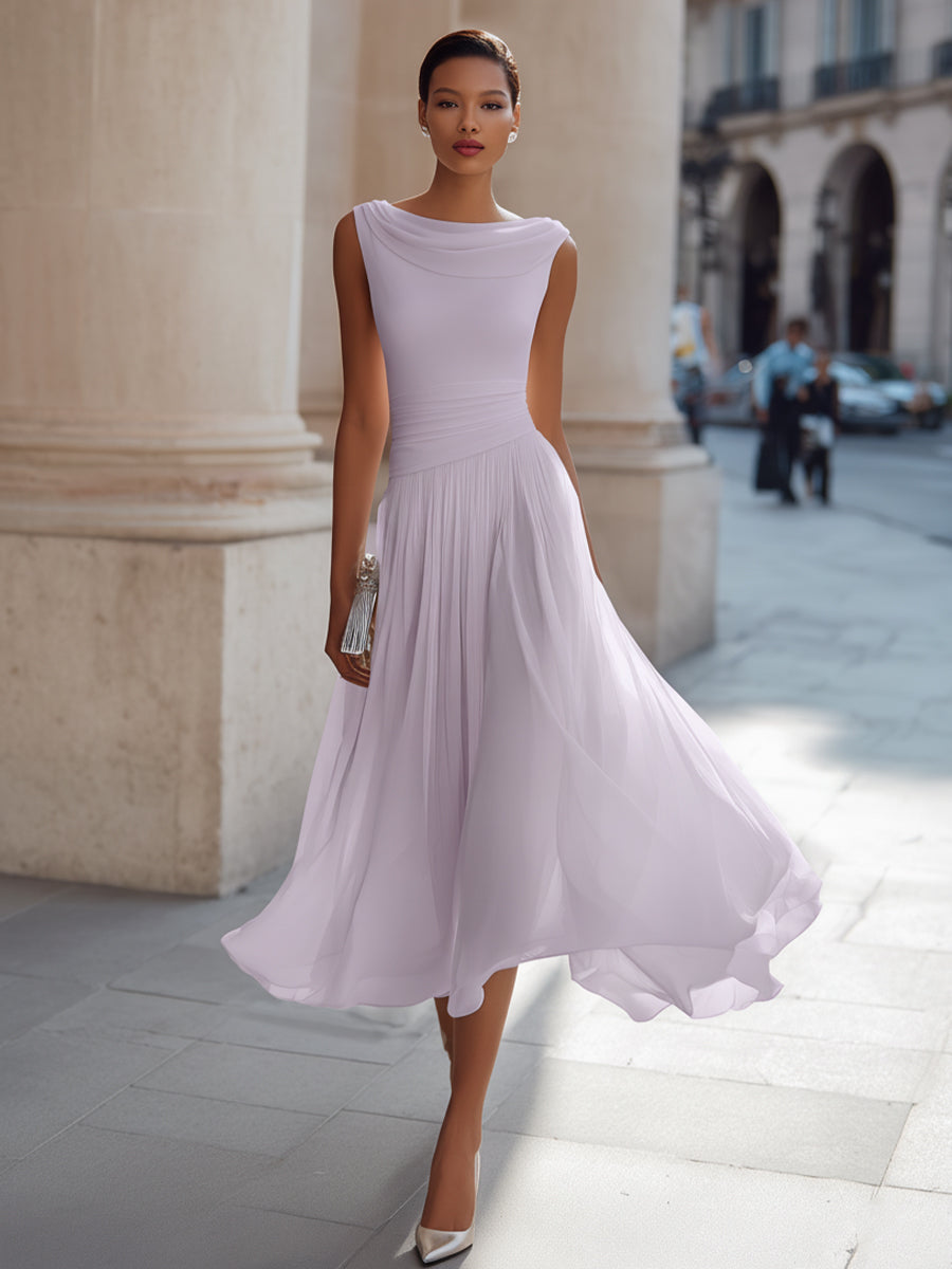 Vestido Midi Plissado com Gola Drapeada e Sem Mangas