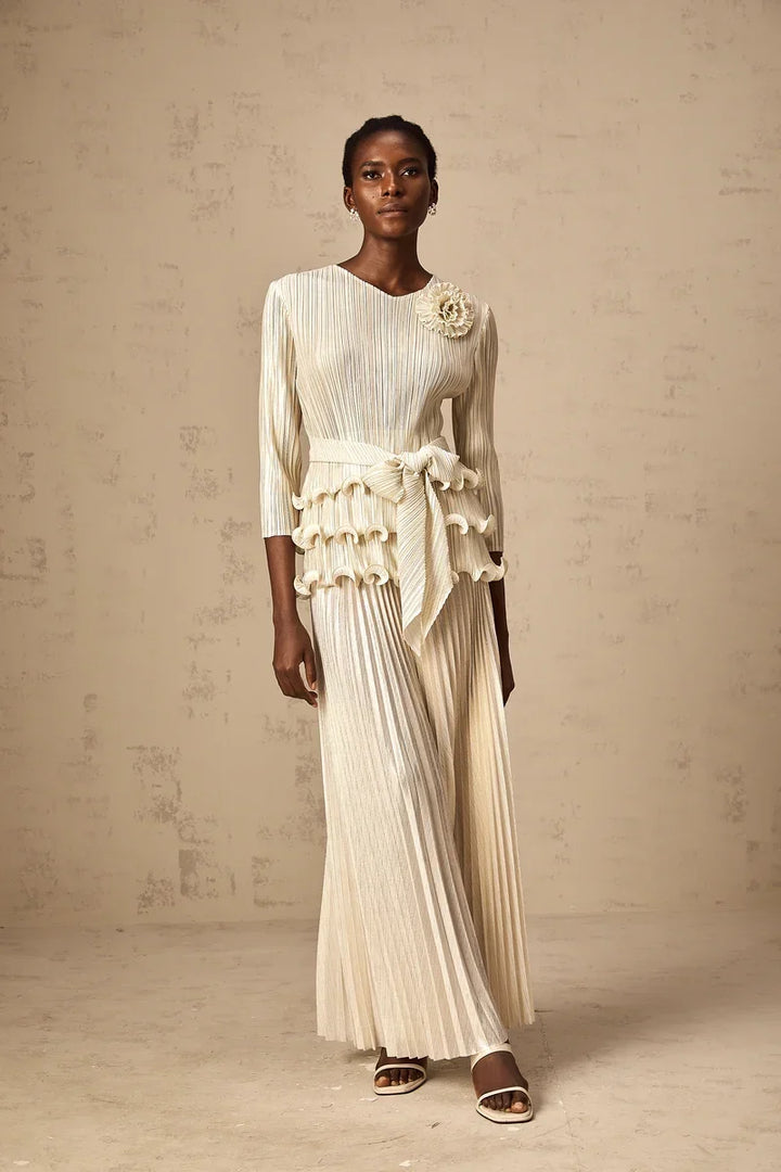 Conjunto Plissado com Acabamento Metalizado e Calça Wide Leg