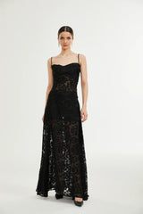 Vestido Longo Renda Floral Exclusiva e Caimento Fluido de Luxo
