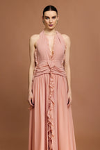 Vestido Longo Rosa com Decote V, Costas Abertas e Acabamento Floral