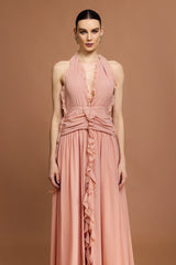 Vestido Longo Rosa com Decote V, Costas Abertas e Acabamento Floral