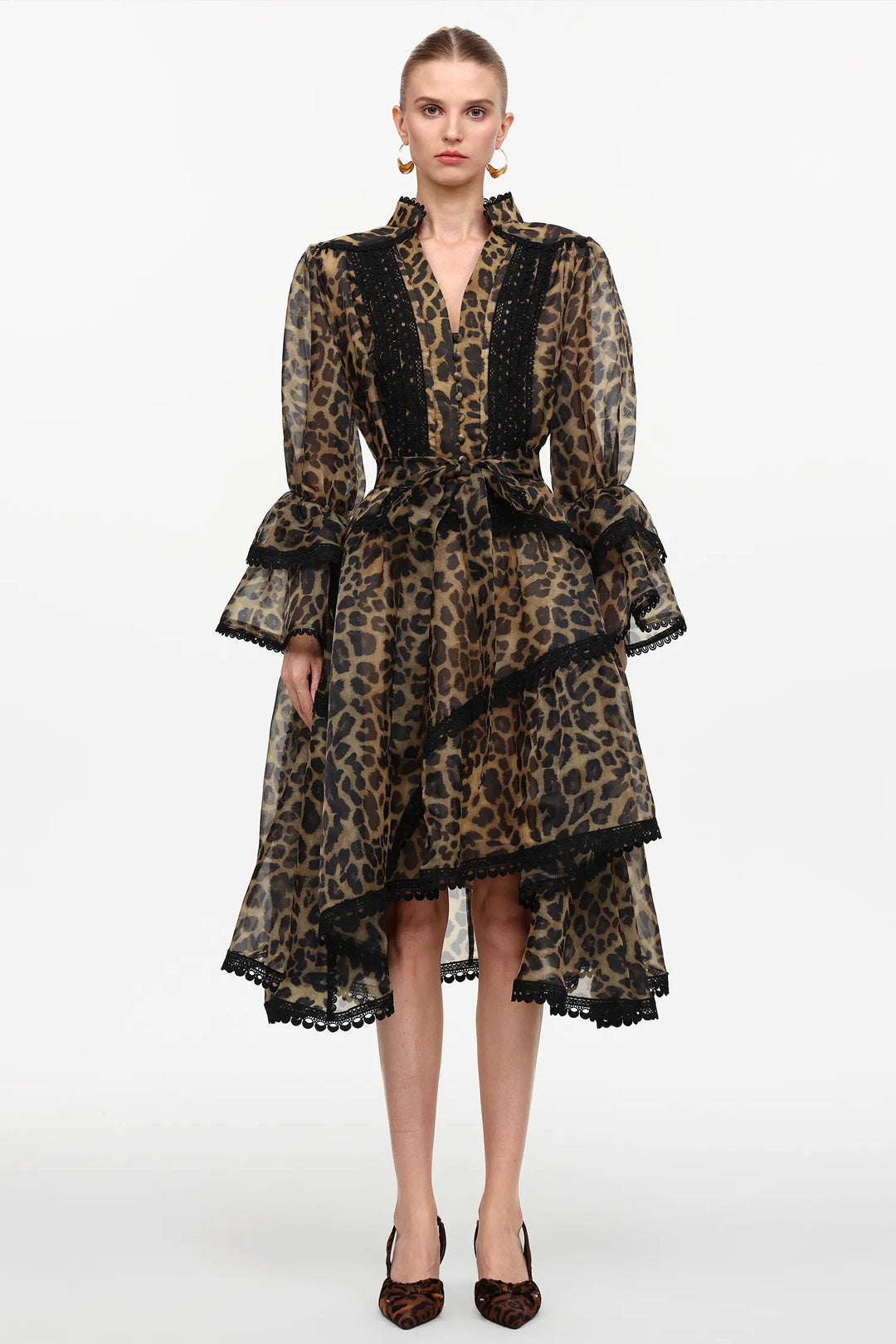 Vestido Midi com Estampa Animal Print, Decote V, Manga Ampla e Cintura Alta Assimétrica