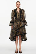 Vestido Midi com Estampa Animal Print, Decote V, Manga Ampla e Cintura Alta Assimétrica