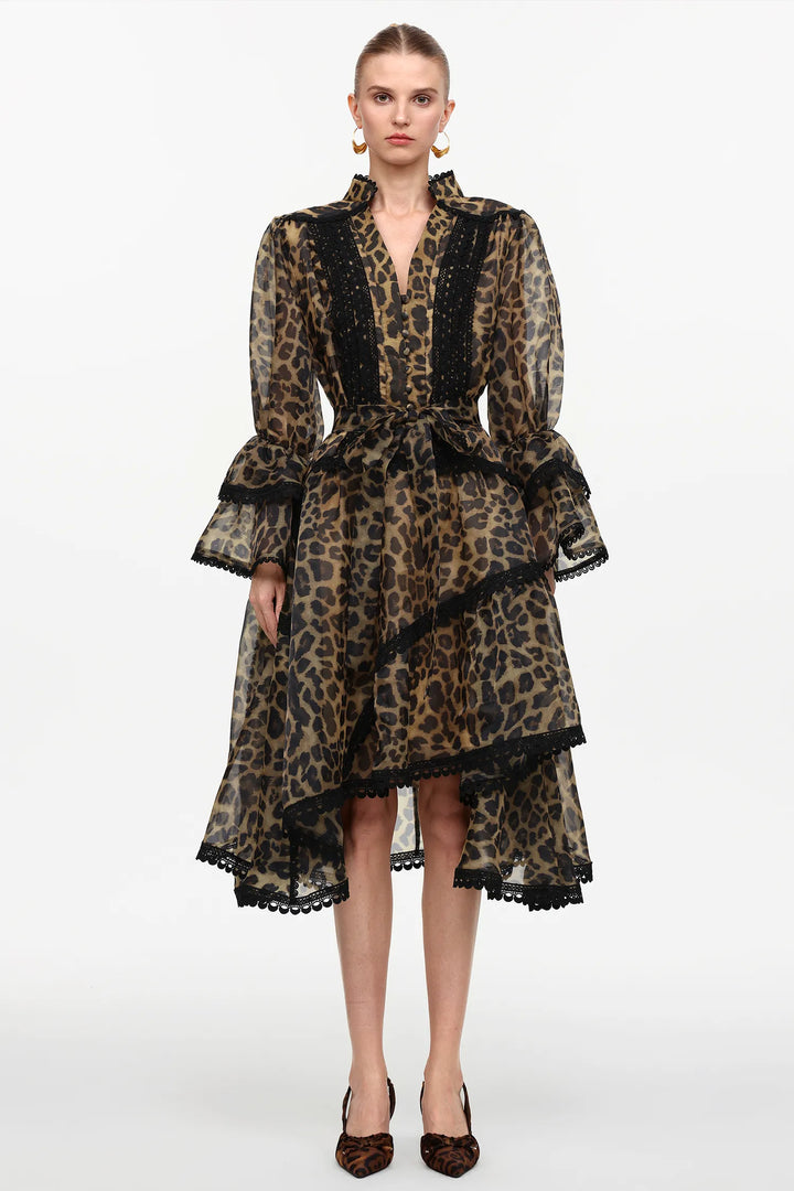 Vestido Midi com Estampa Animal Print, Decote V, Manga Ampla e Cintura Alta Assimétrica