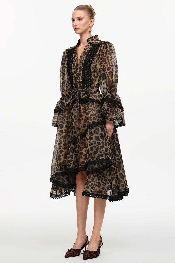 Vestido Midi com Estampa Animal Print, Decote V, Manga Ampla e Cintura Alta Assimétrica