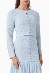 Vestido e Casaco Cardigan Bordado Luxo Azul Serenity – Elegância e Sofisticação em Cada Detalhe