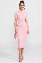 Vestido Midi Bicolor em Tricô com Aplicação de Flor Tridimensional