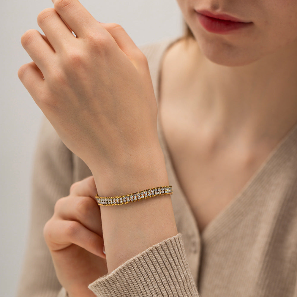 Pulseira Dupla Camada com Zircônias Diamond Duo Banhada a Ouro 18K