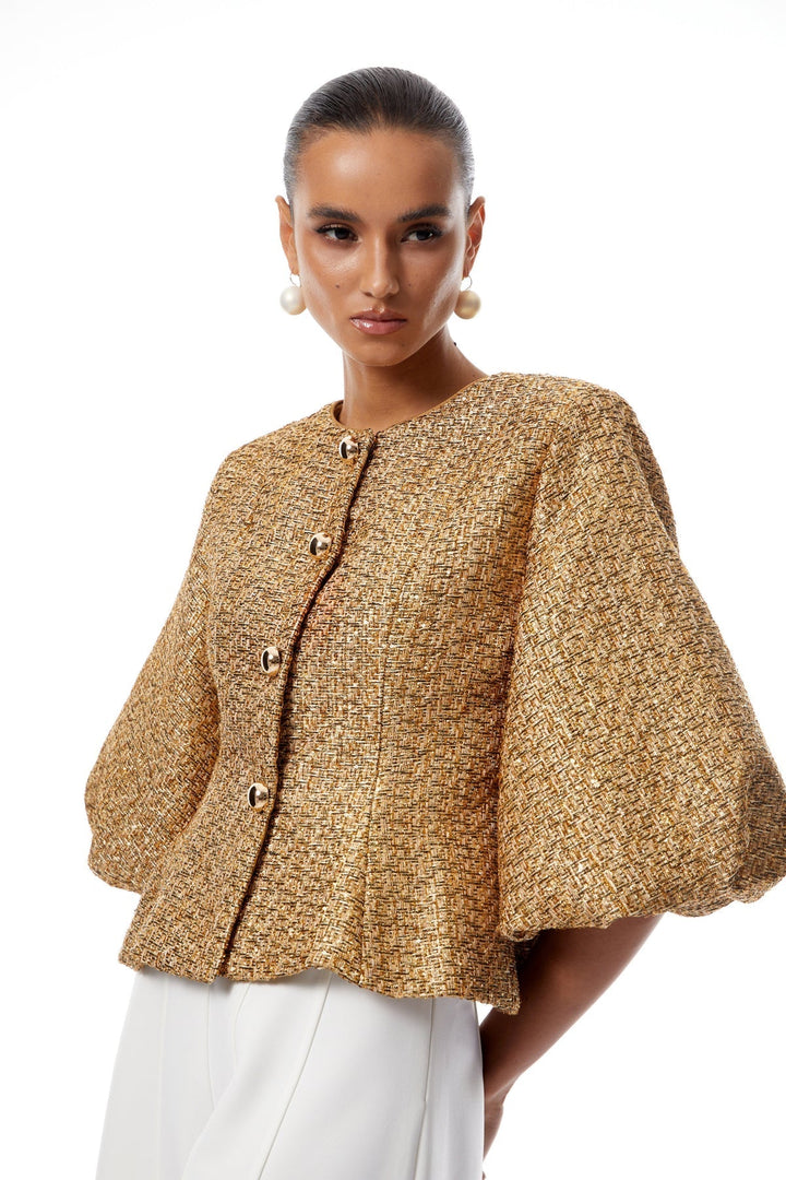 Blazer Estruturado com Mangas Lanterna e Modelagem Acinturada