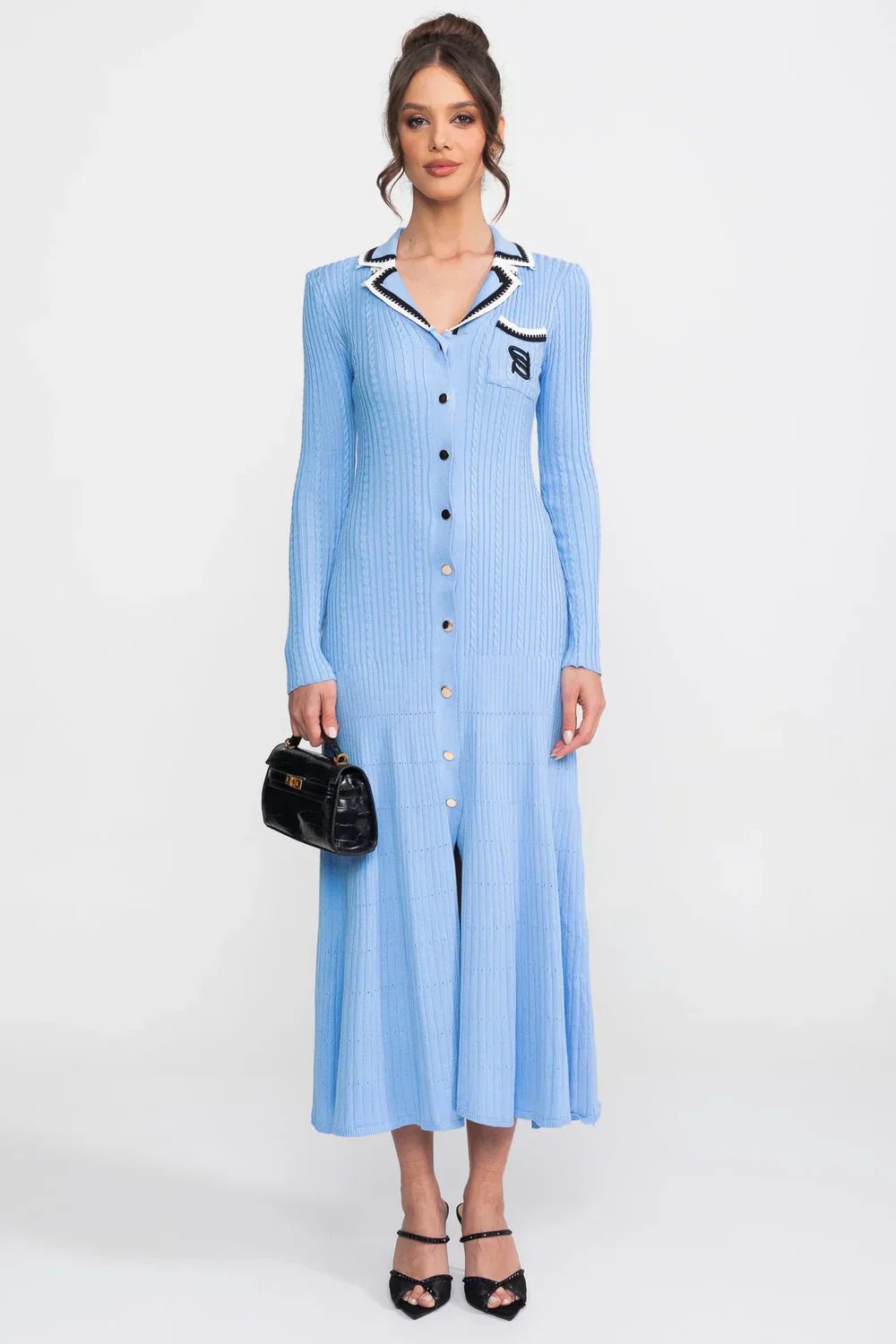 Vestido Longo em Tricô Canelado com Gola Polo e Mangas Alinhadas