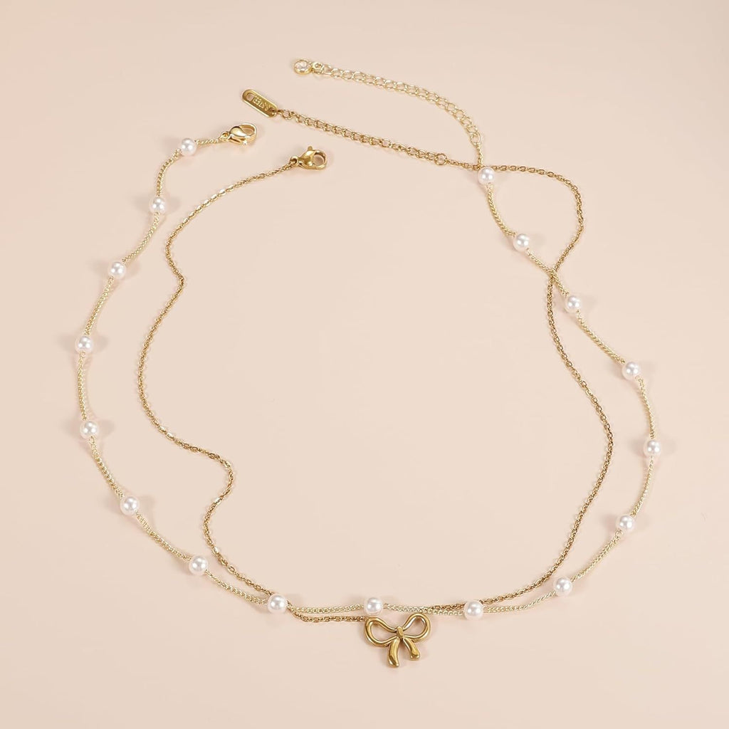 Choker Dupla Camada com Laço e Pérola Pearly Bow Banhada a Ouro 18K