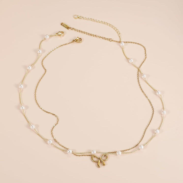 Choker Dupla Camada com Laço e Pérola Pearly Bow Banhada a Ouro 18K