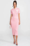 Vestido Midi Bicolor em Tricô com Aplicação de Flor Tridimensional