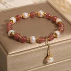 Pulseira Contas de Quartzo Quartzo Morango & Opala Branca Rose Aura Duo
