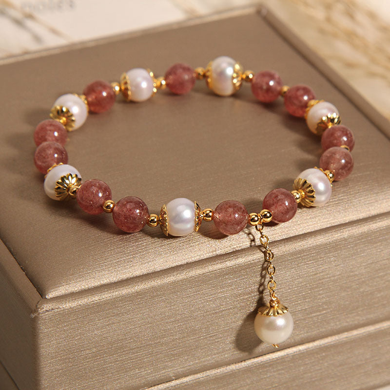 Pulseira Contas de Quartzo Quartzo Morango & Opala Branca Rose Aura Duo