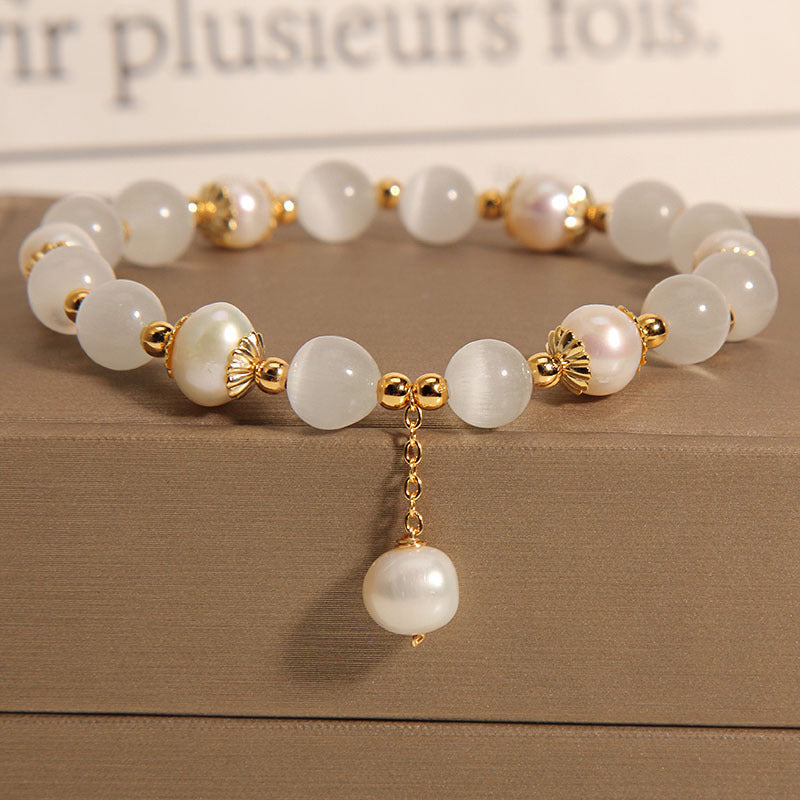 Pulseira Contas de Quartzo Quartzo Morango & Opala Branca Rose Aura Duo
