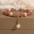 Pulseira Contas de Quartzo Quartzo Morango & Opala Branca Rose Aura Duo