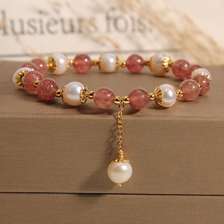 Pulseira Contas de Quartzo Quartzo Morango & Opala Branca Rose Aura Duo