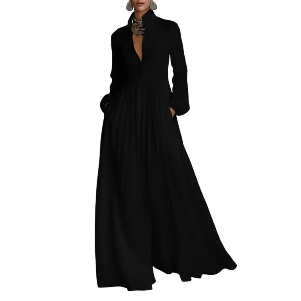 Helena™ – Vestido Longo de Inverno com Gola Alta, Botões e Bolsos
