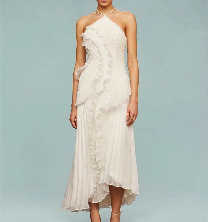 Vestido Midi Plissado Lavanda – Gola Halter, Babados em Cascata e Elegância Pura