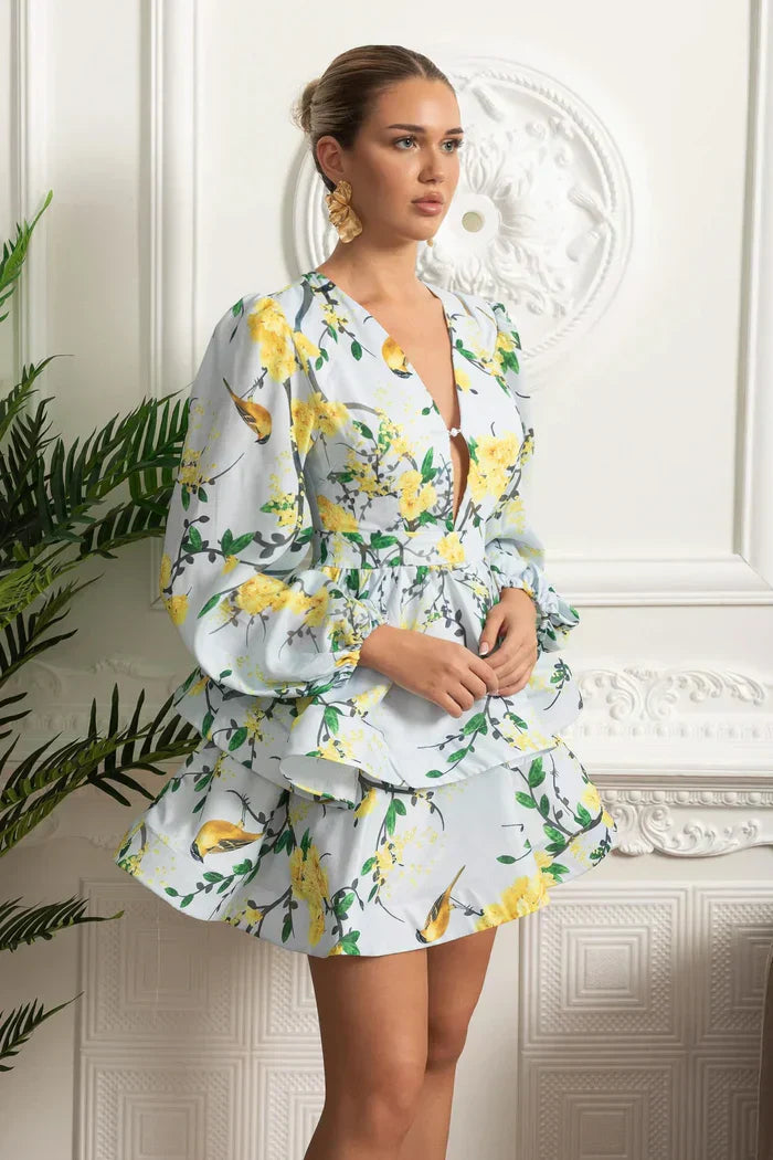 Vestido – Vintage, Decote V, Manga Lanterna, Saia Plissada