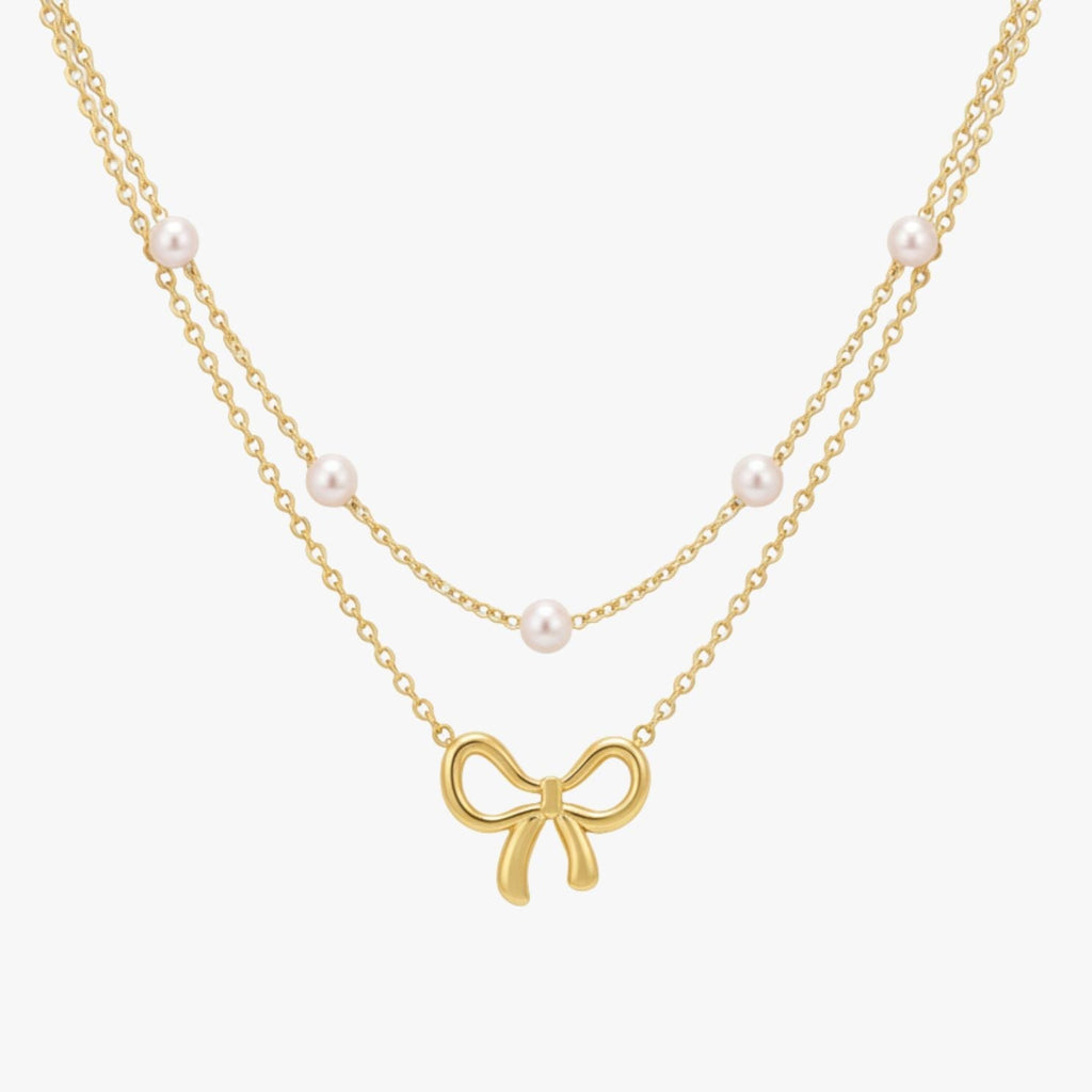 Choker Dupla Camada com Laço e Pérola Pearly Bow Banhada a Ouro 18K