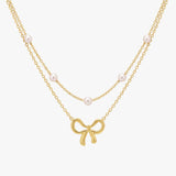 Choker Dupla Camada com Laço e Pérola Pearly Bow Banhada a Ouro 18K