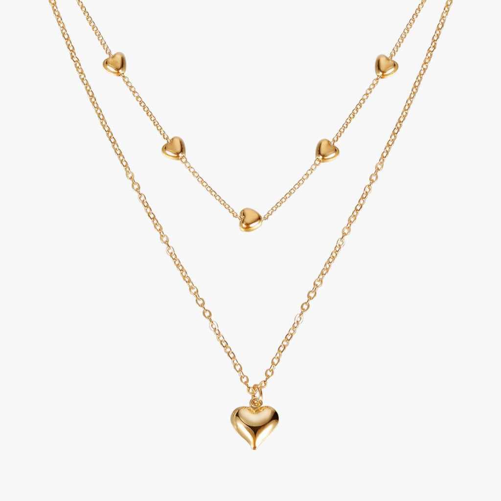 Colar Duas Camadas com Pingentes Coração Duo Heart Banhado a Ouro 18K