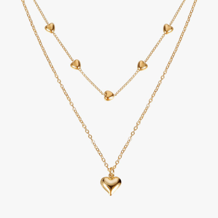 Colar Duas Camadas com Pingentes Coração Duo Heart Banhado a Ouro 18K