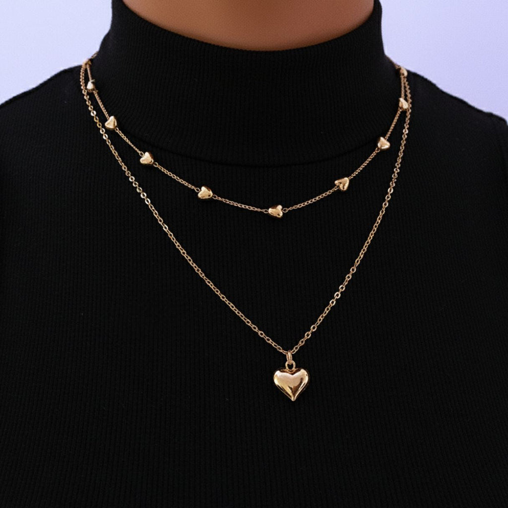 Colar Duas Camadas com Pingentes Coração Duo Heart Banhado a Ouro 18K