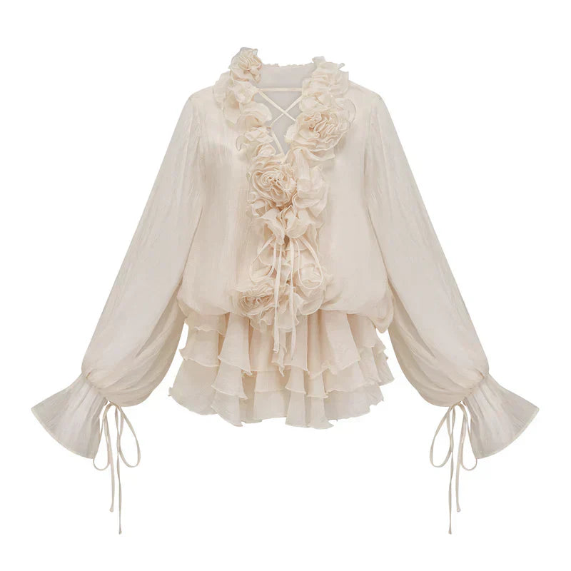 Vestido Flores em 3D, Decote em V e Detalhes em Babados