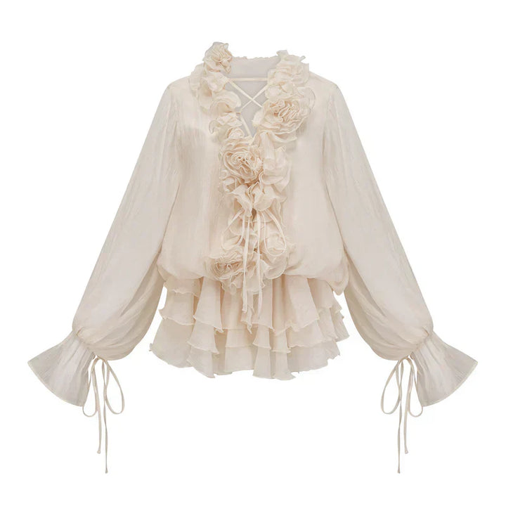 Vestido Flores em 3D, Decote em V e Detalhes em Babados