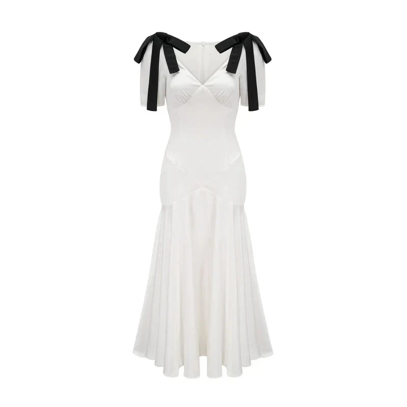Vestido Longo Elegante  Laços e Decote em V