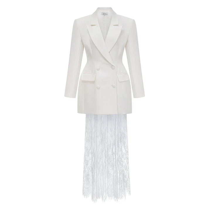 Conjunto Blazer Transpassado e Saia Evasê em Renda Trabalhada