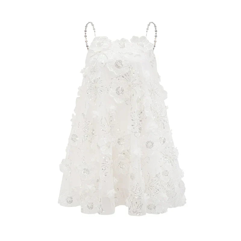 Vestido Bordado Floral, Cristais Manuais e Alças Delicadas