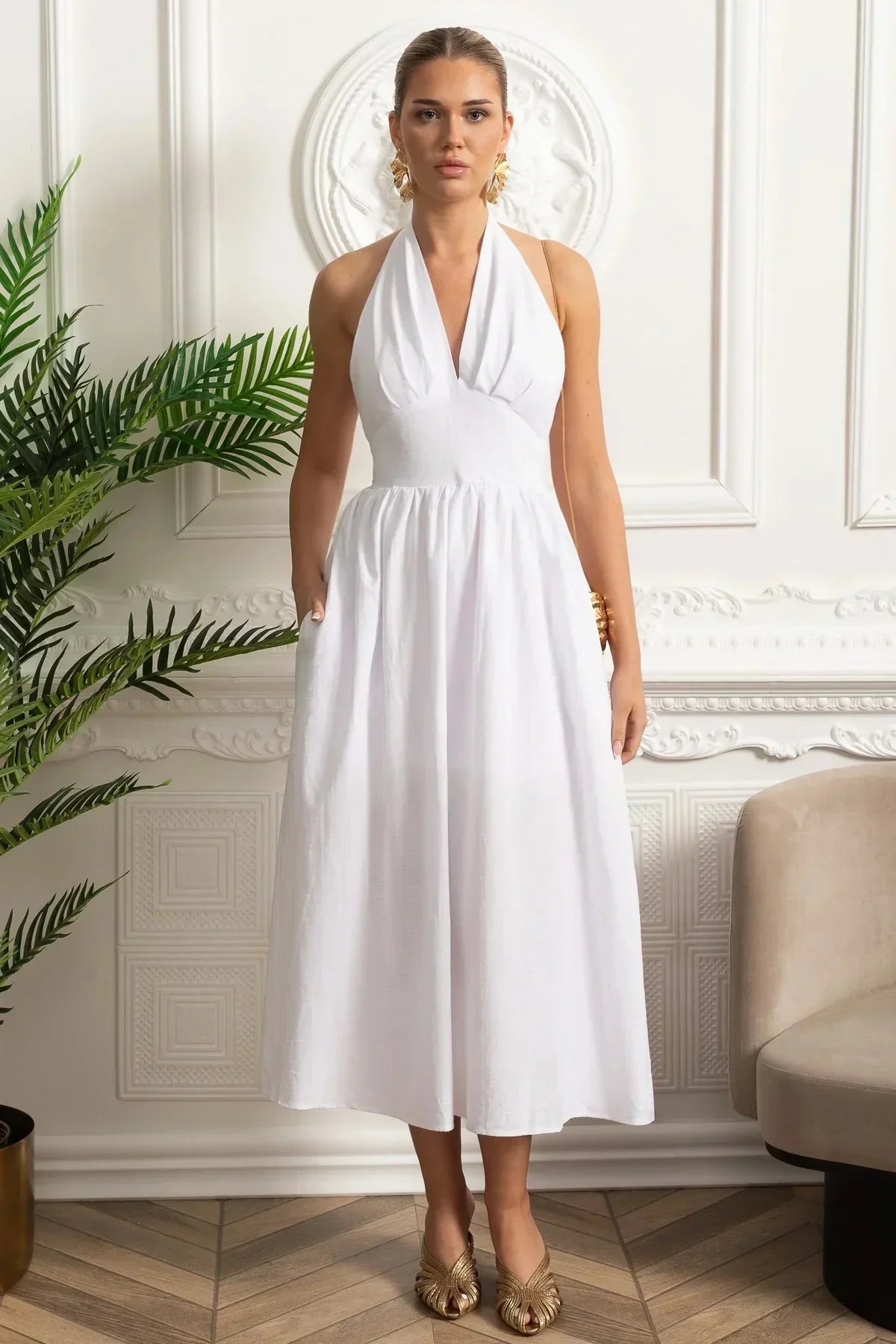Vestido Longo em Algodão – Decote V, Alças Finas e Cintura Marcada – Estilo Oversized