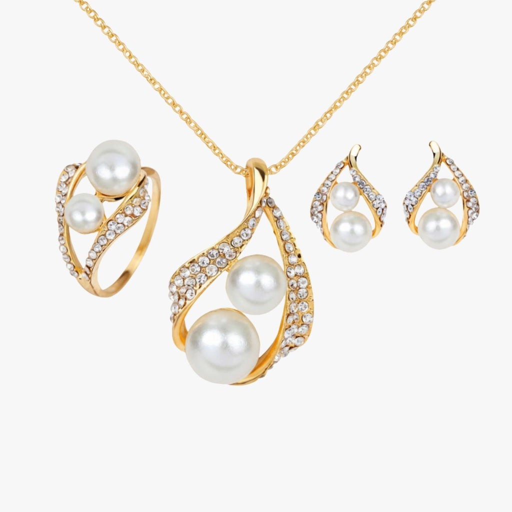KIT Colar + Brincos + Anel com Zircônias Blooming Pearl Banhado a Ouro 18K