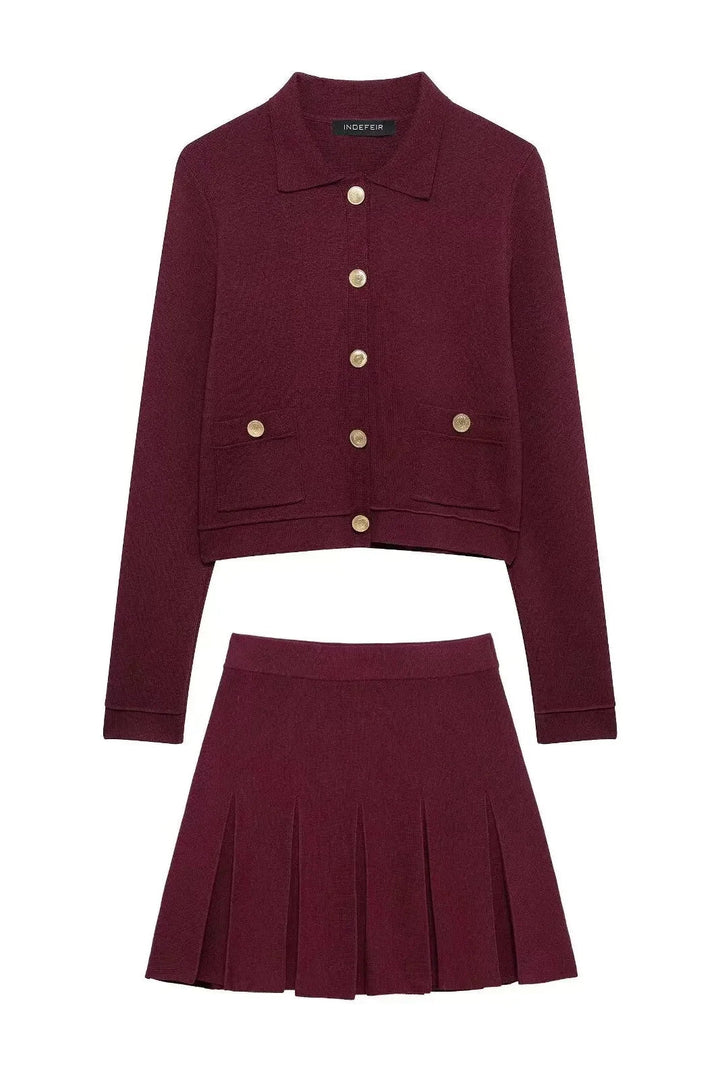 Conjunto Luxo Vermelho em Malha de Alta Densidade – Cardigã e Saia