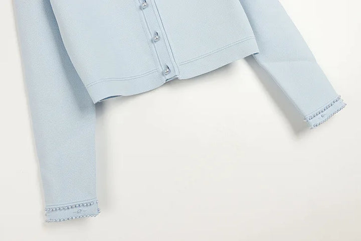 Cardigan em Tricô com Aplicações de Pérolas – Azul Serenity